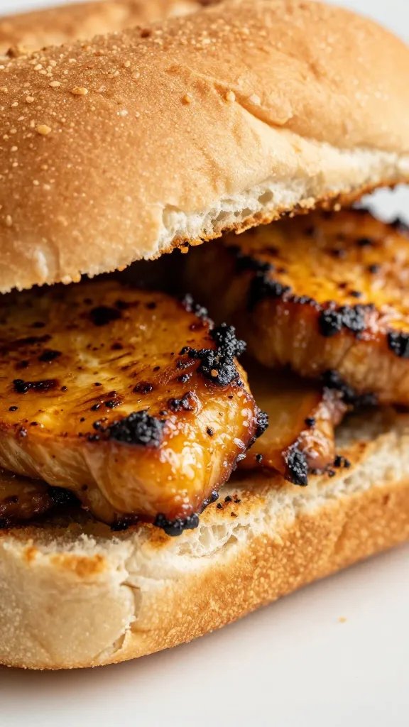 closeup of BBQ jackfruit sandwich on toasted brioche bun