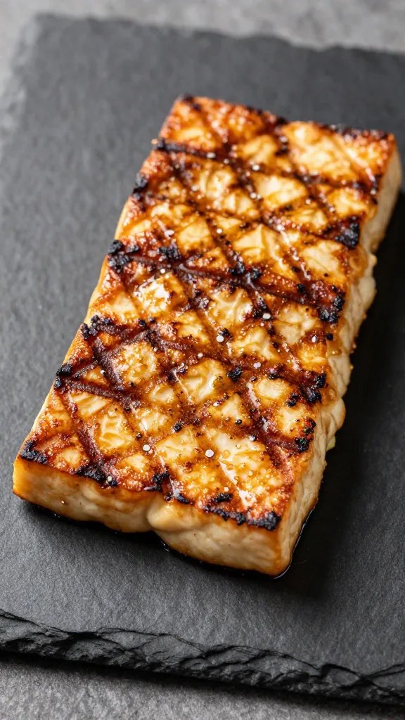 charred tofu steak with grill marks on slate plate