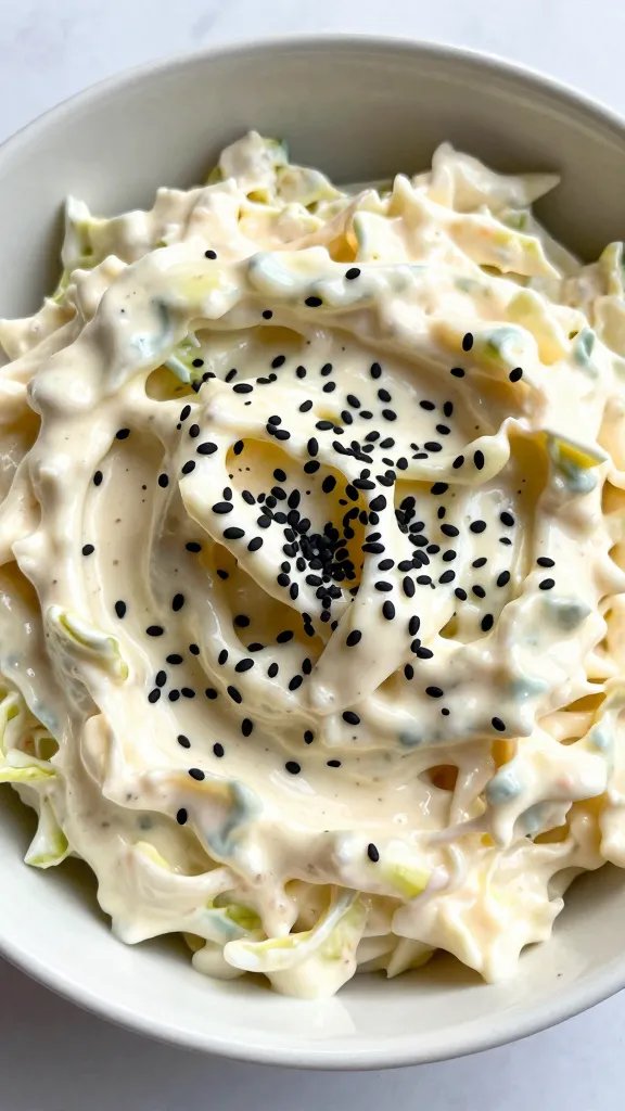 bowl of creamy vegan coleslaw with black sesame garnish