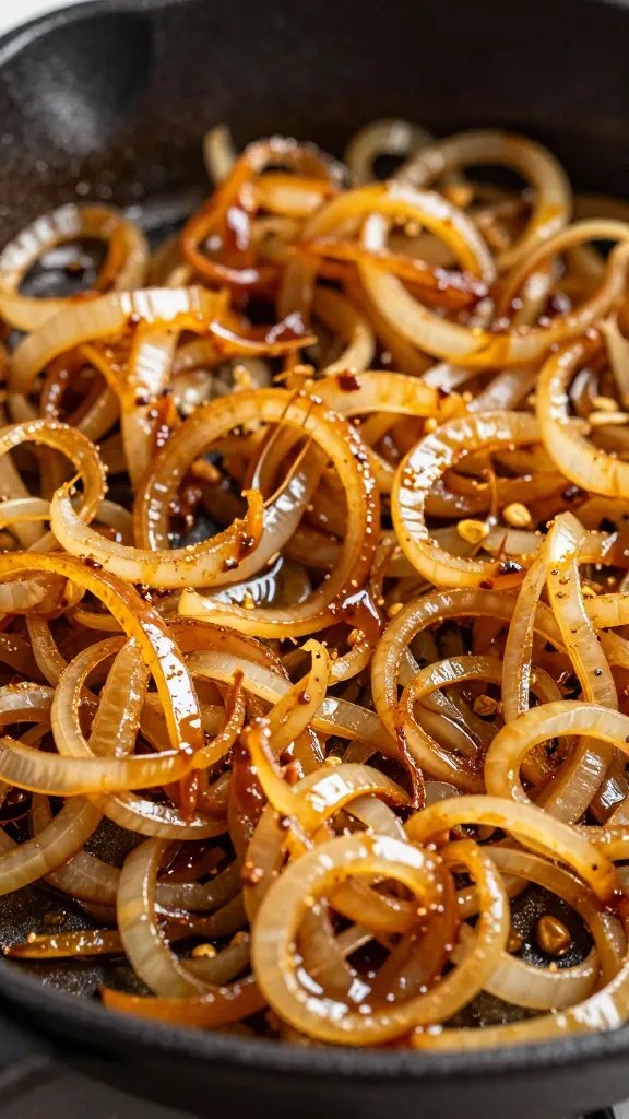 skillet of caramelized onions for BBQ toppings