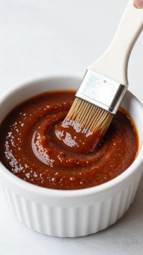ramekin of tangy vegan BBQ sauce with basting brush