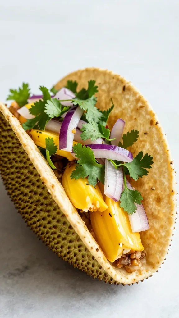 single jackfruit taco topped with cilantro and red onion