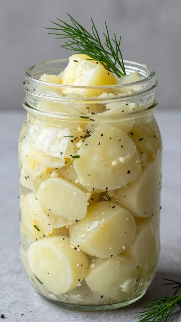 chilled mason jar of vegan potato salad with dill sprig