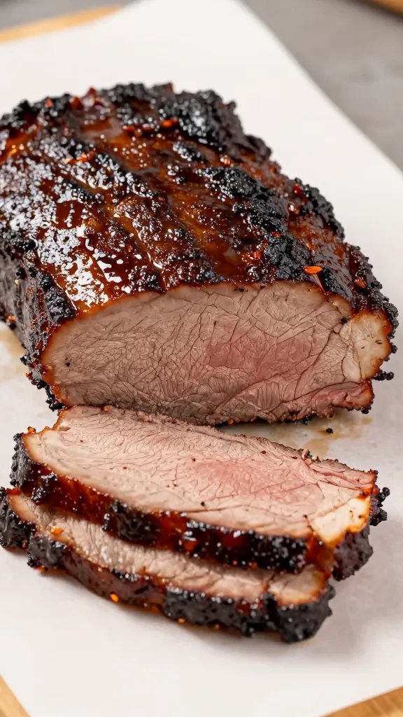 closeup of glazed keto brisket slice on butcher paper