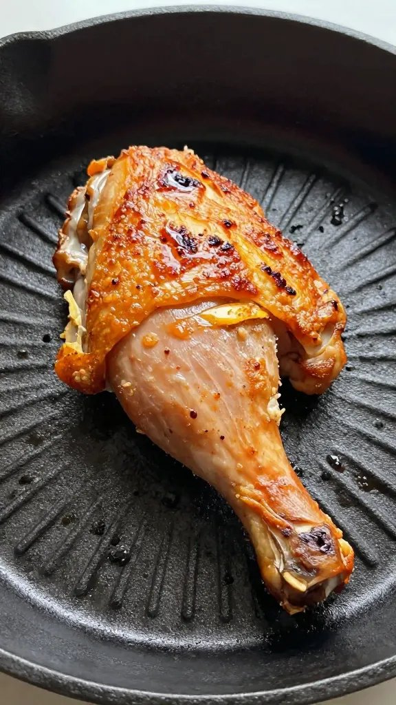 single smoked chicken thigh with crispy skin, cast-iron pan