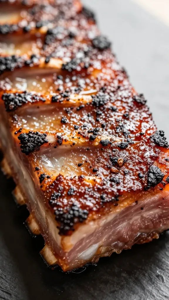 closeup of dry-rubbed pork rib end, mahogany bark