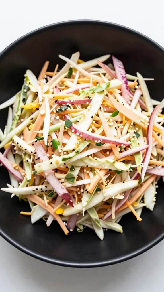 keto coleslaw mound in matte black bowl, overhead