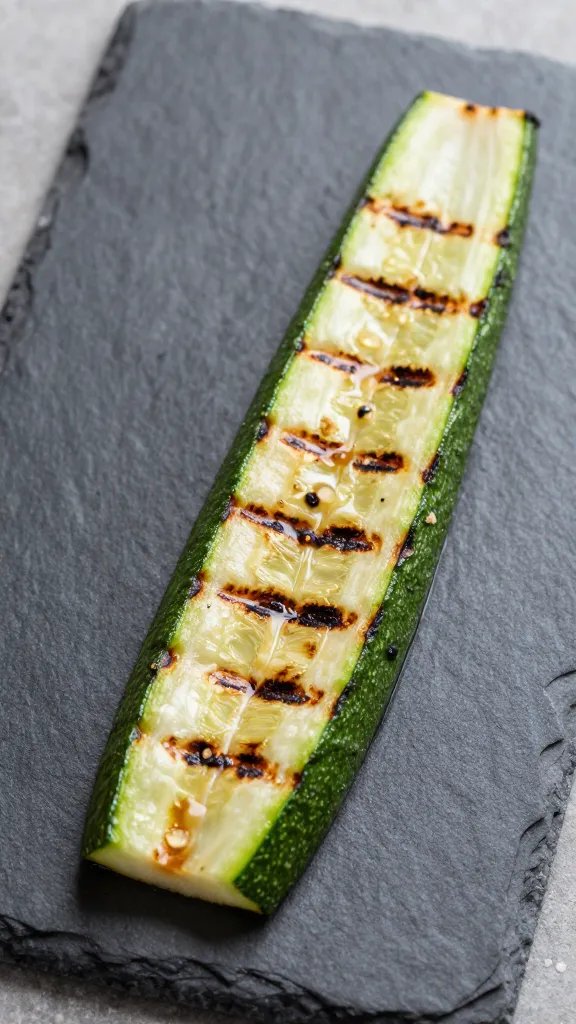 grilled zucchini spear with char marks on slate plate