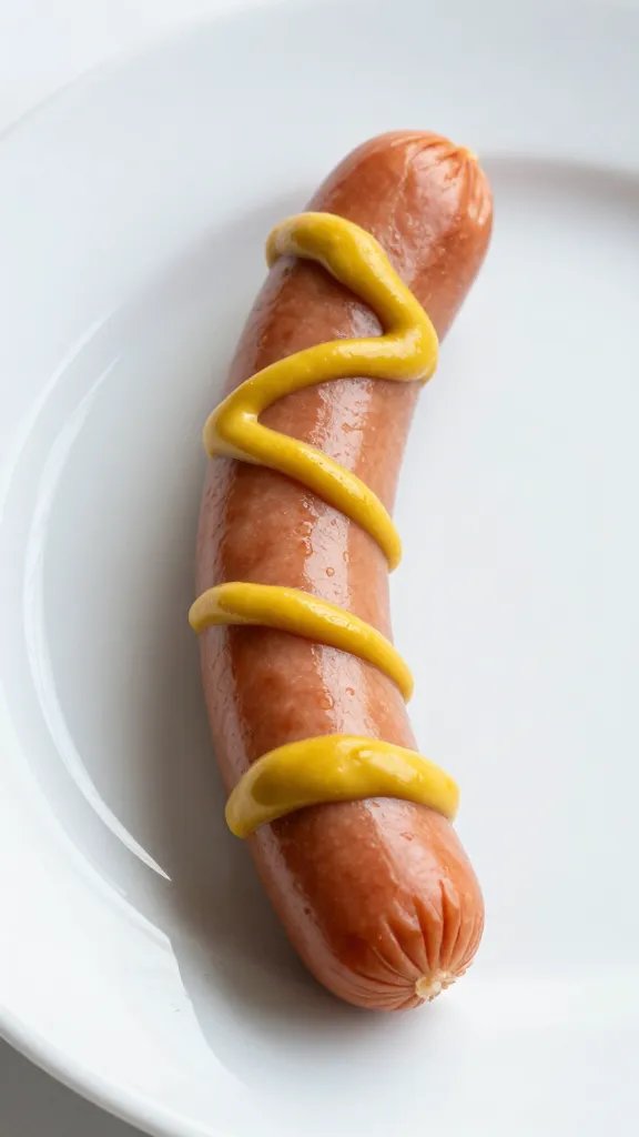 single sausage link with mustard drizzle, white plate