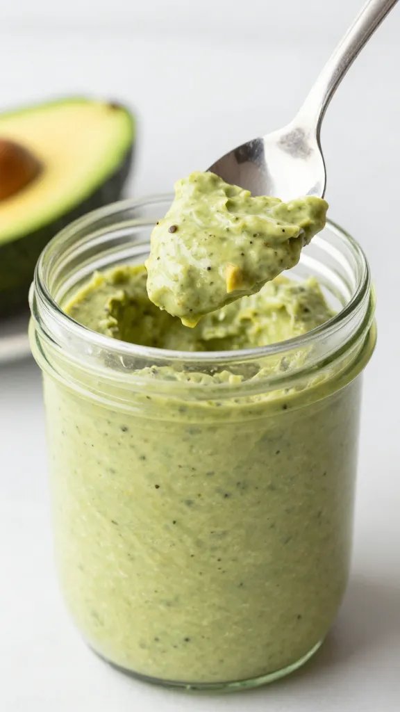 keto avocado ranch in glass jar, spoon dipped