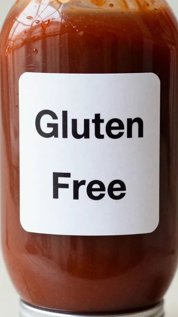 Closeup of a labeled “Gluten-Free” squeeze bottle of BBQ sauce