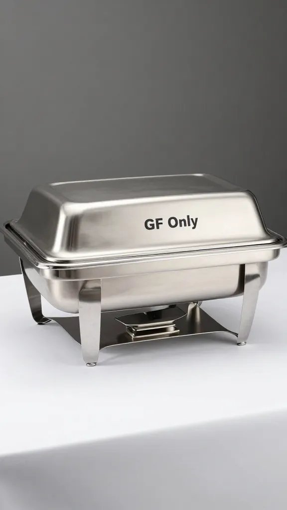 Single stainless chafing dish labeled “GF Only” on table