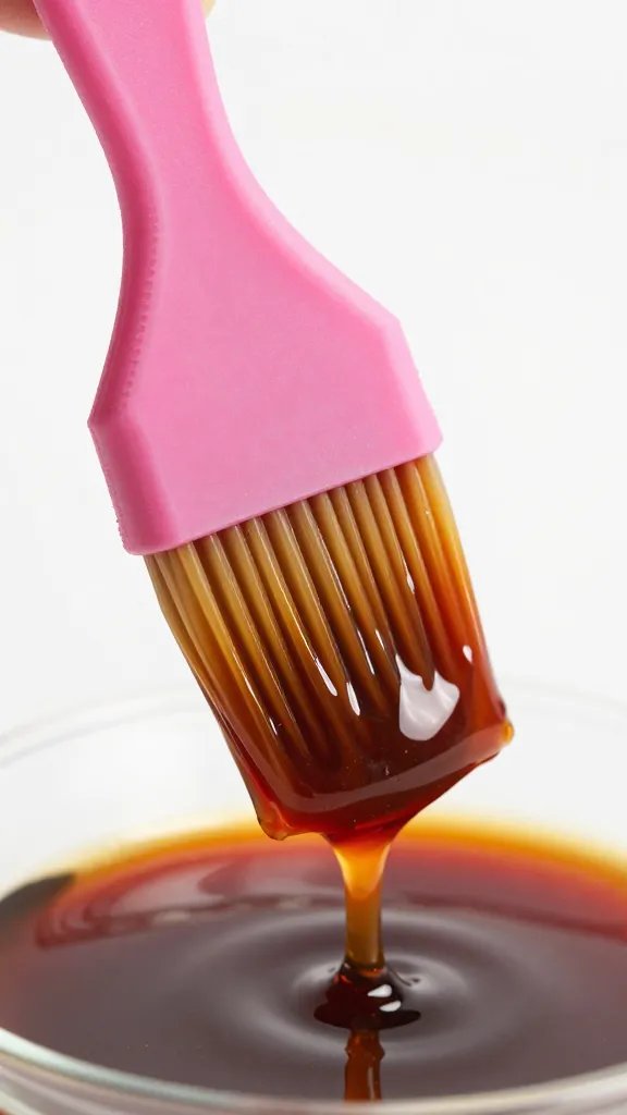Closeup of a silicone basting brush dipped in GF sauce