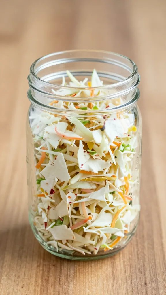 Single mason jar of gluten-free coleslaw on wood surface