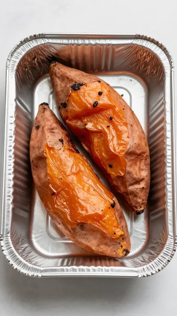 Single aluminum pan of roasted sweet potatoes, GF tag visible