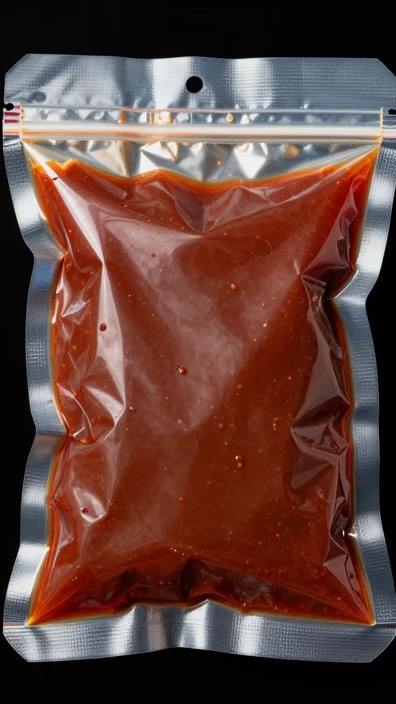 Closeup of a vacuum-sealed bag of GF marinade