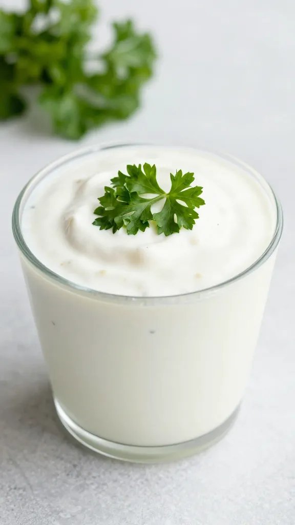 Single portion cup of gluten-free ranch with parsley garnish