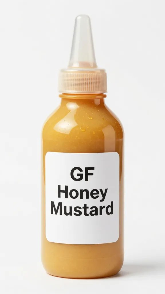 Single squeeze bottle labeled “GF Honey Mustard,” cap open