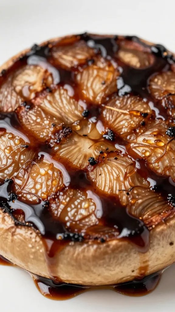 closeup of grilled portobello cap with balsamic glaze