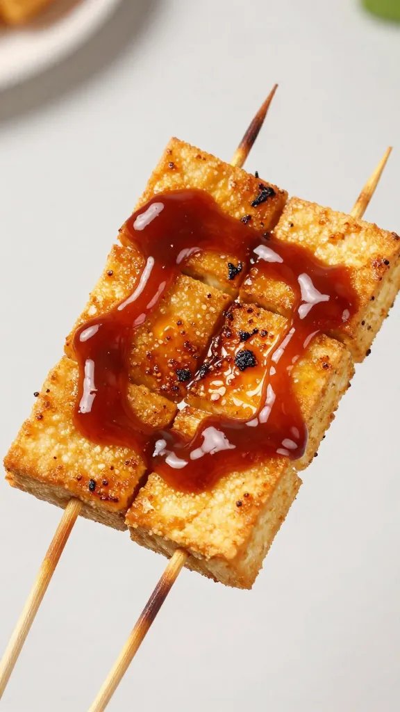 charred tofu skewer brushed with barbecue sauce