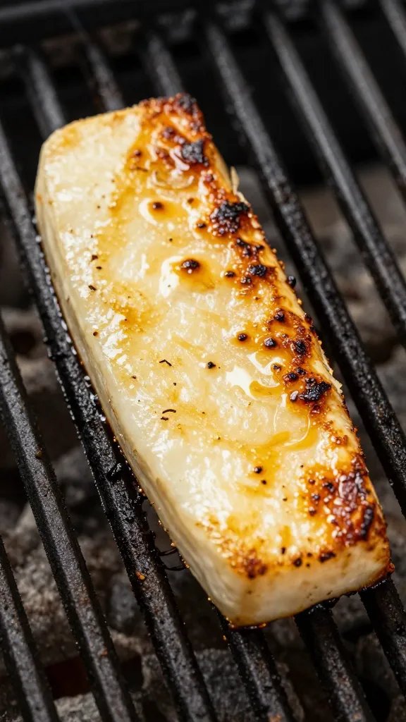 halloumi slice sizzling on grill grates