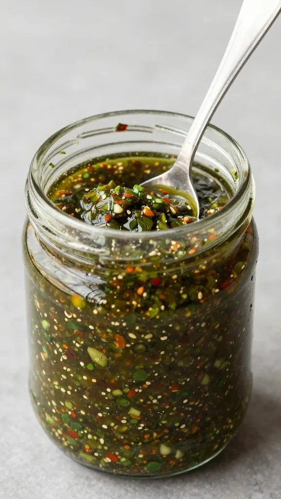 chimichurri sauce in glass jar with spoon