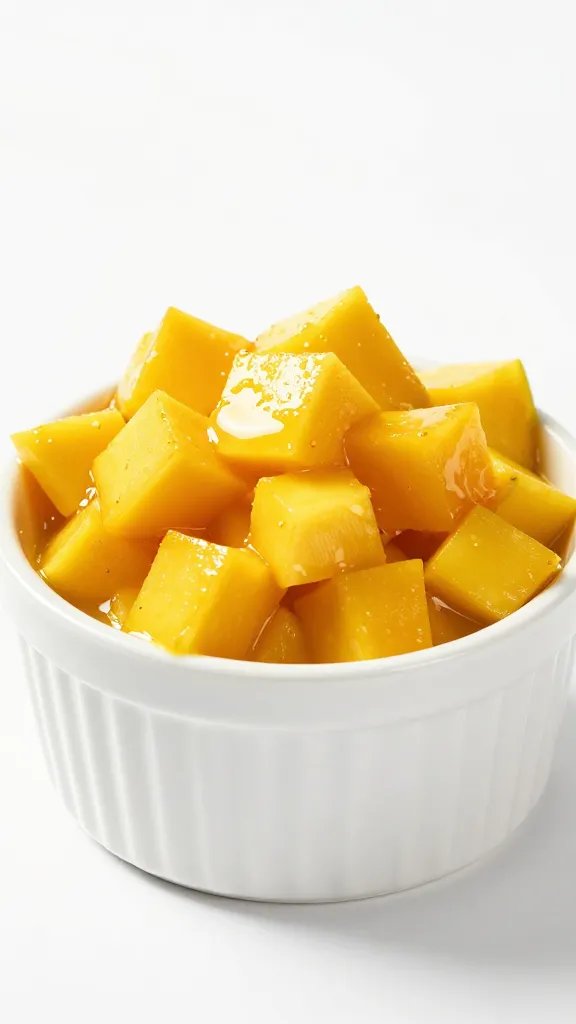 mango salsa in white ramekin, diced and glossy
