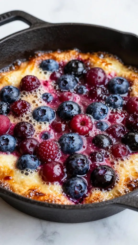 berry crisp dessert in cast-iron skillet, bubbling edges