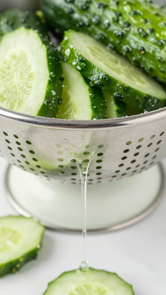 closeup of salted cucumber slices draining in colander