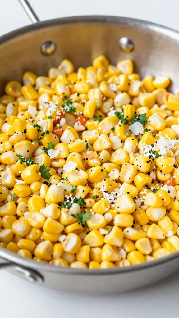 stainless hotel pan of chilled corn salad, tight shot
