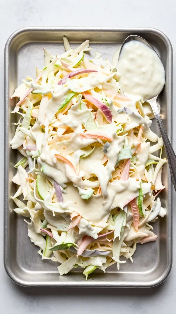 single tray of creamy coleslaw, dressing on side spoon