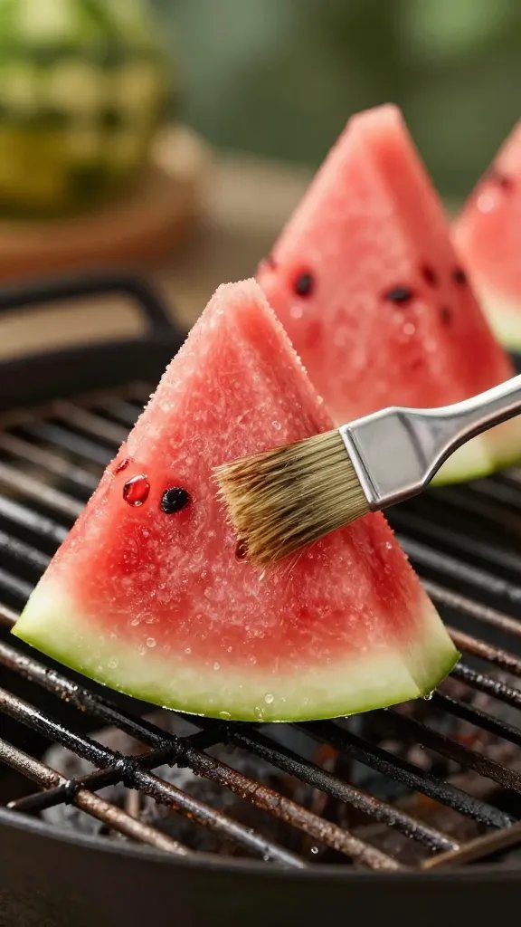 brushed oil-watermelon wedge on grill grates, sizzle