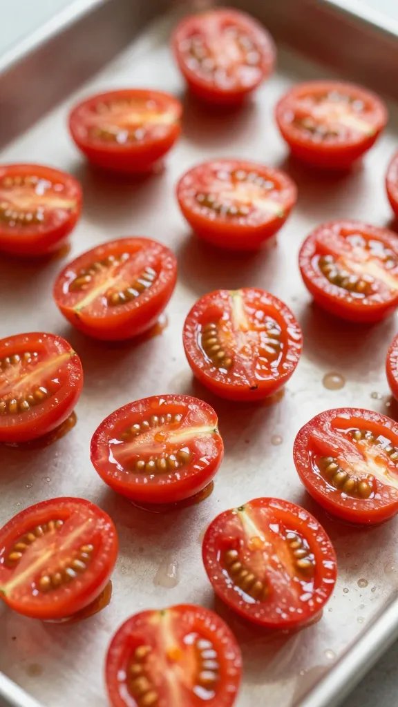 chilled cherry tomato halves glistening on sheet pan