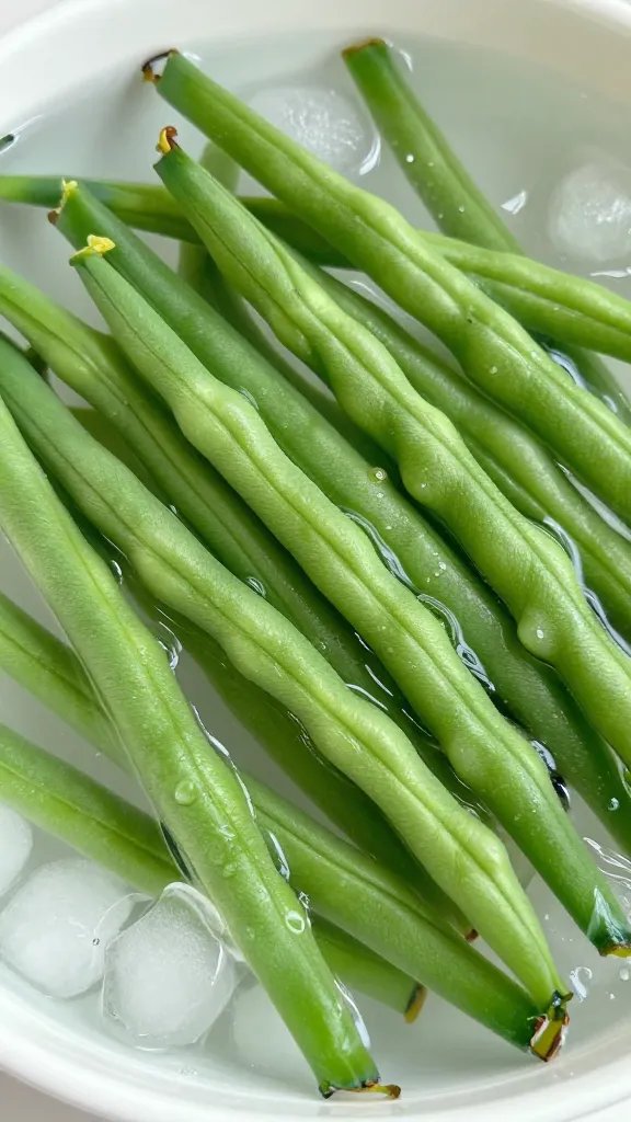 bowl of ice-bath green beans, condensation closeup
