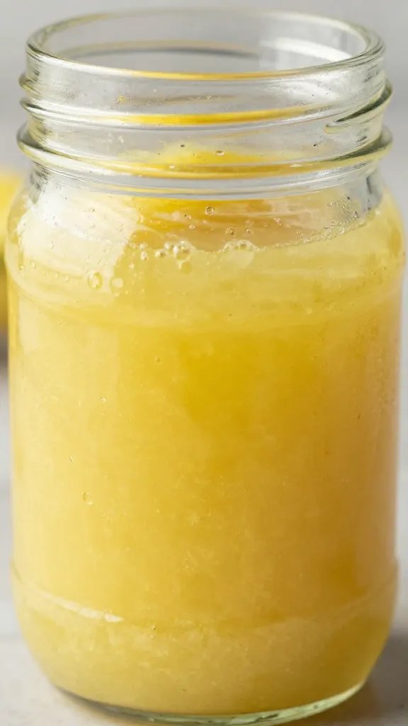 mason jar of lemon vinaigrette, emulsion closeup
