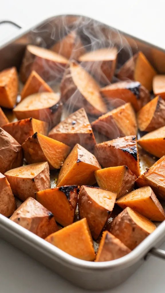 sheet pan of roasted sweet potato cubes, steam rising