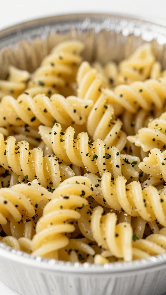 single aluminum pan of herbed pasta salad, macro shot