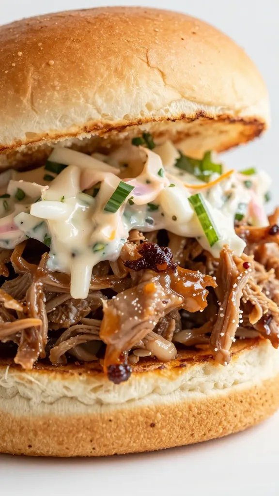closeup pulled pork slider with tangy slaw on brioche