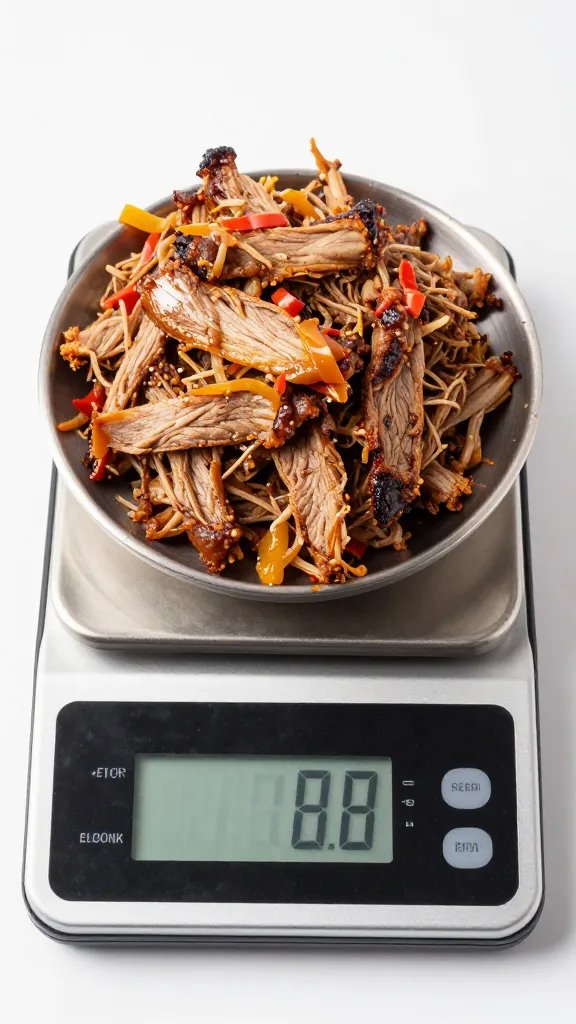 single 3-ounce portion of pulled pork on scale