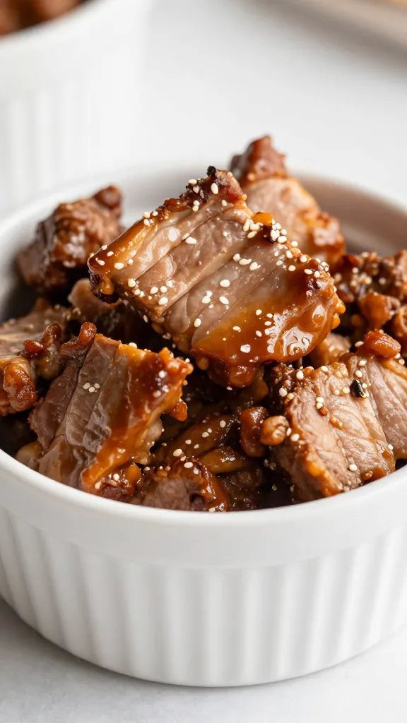 sauced pulled pork in small white ramekin, closeup