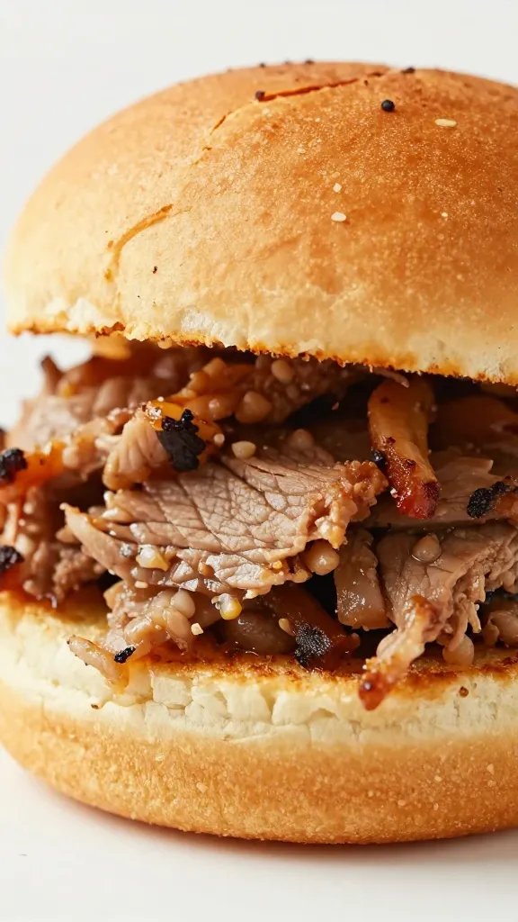 toasted mini brioche bun with pulled pork, closeup