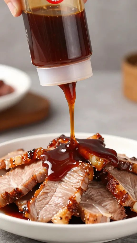 squeeze bottle drizzling vinegar barbecue sauce on pork