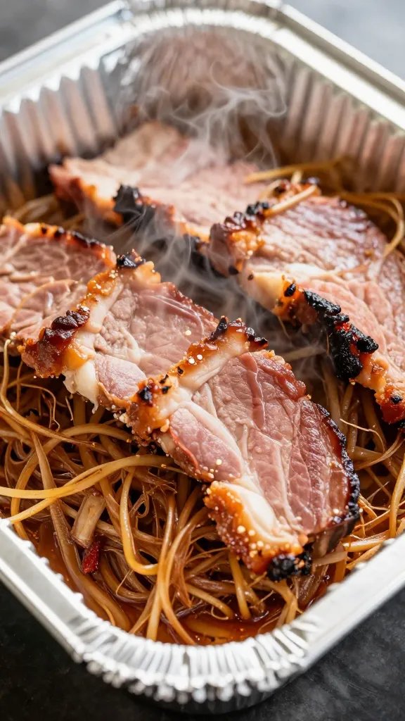 closeup of steaming pulled pork in foil pan