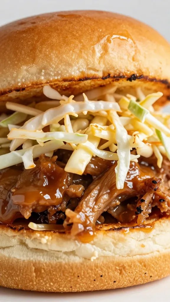 glossy coleslaw topping on pulled pork slider, macro