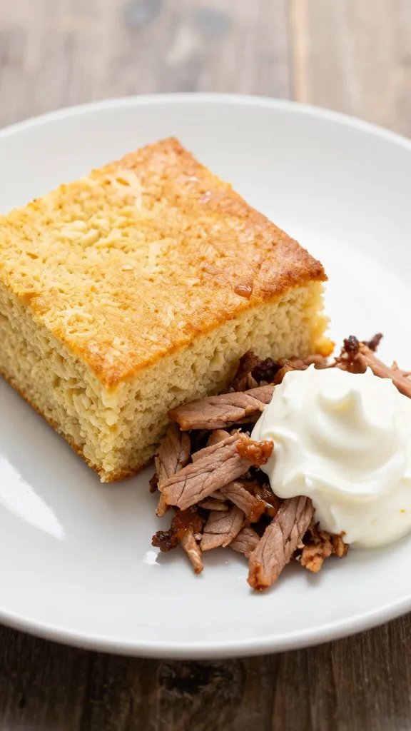 single cornbread square beside dollop of pulled pork