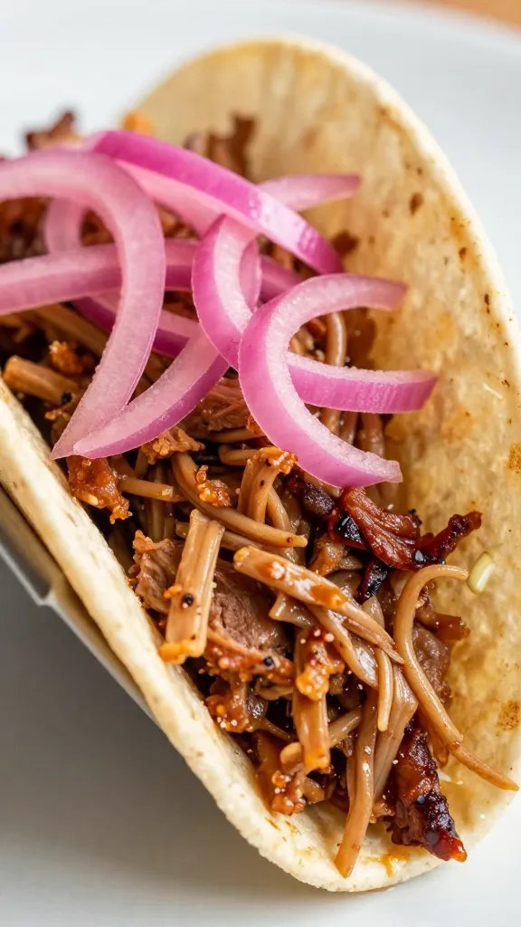pulled pork taco with pickled onions, tight closeup