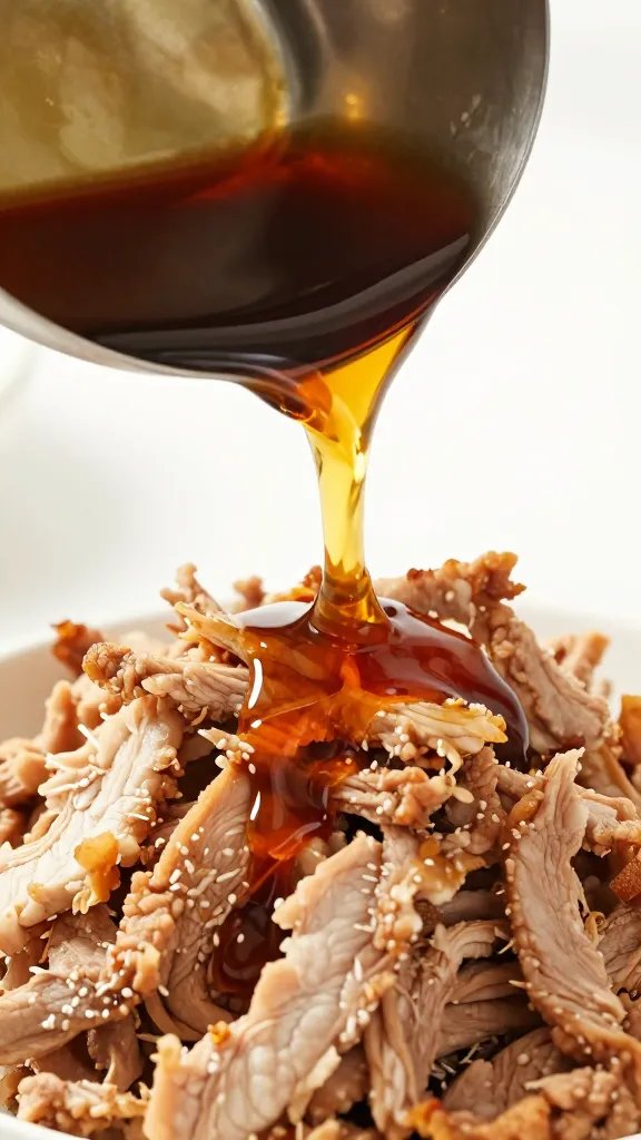 ladle pouring warm sauce over shredded pork, macro