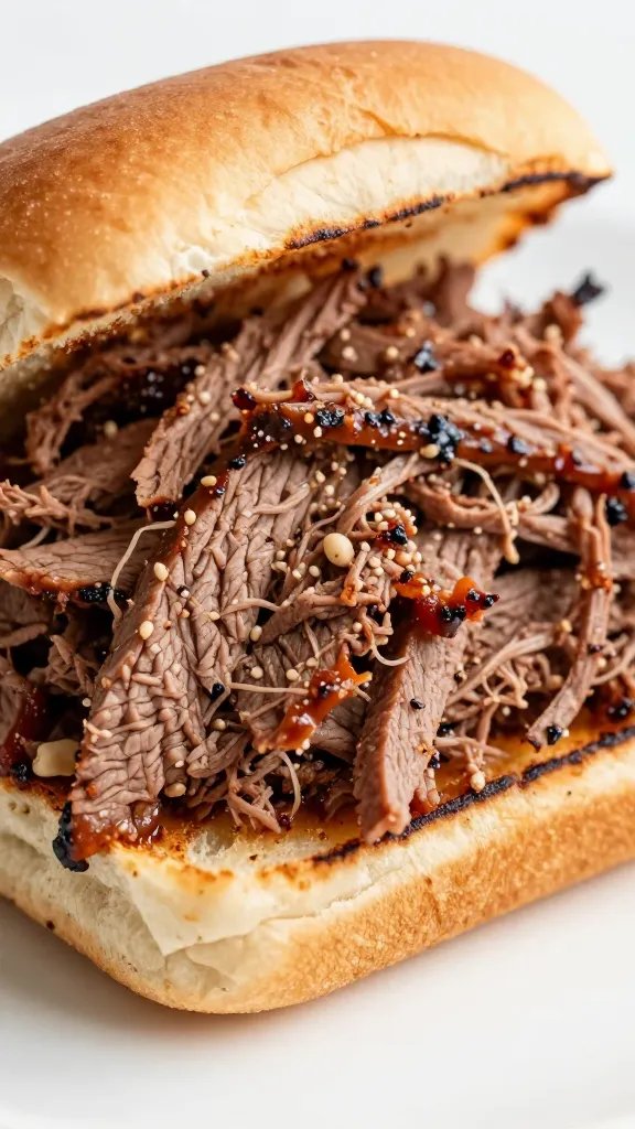 closeup sauced shredded brisket on toasted slider bun