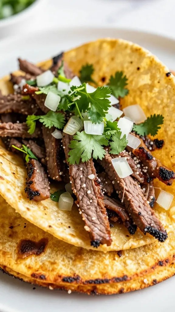single brisket taco with cilantro and onions on griddle