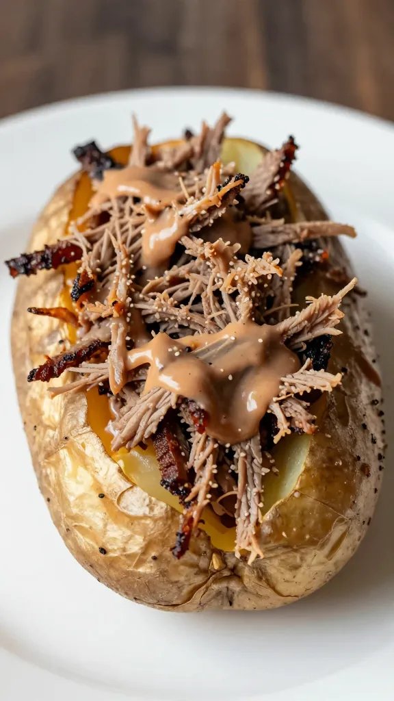 loaded baked potato topped with shredded brisket and sauce